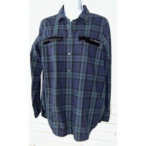 J CREW Sz 8 Tartan Plaid Popover Tunic Beaded Detail Blue Green Cotton L/S EUC